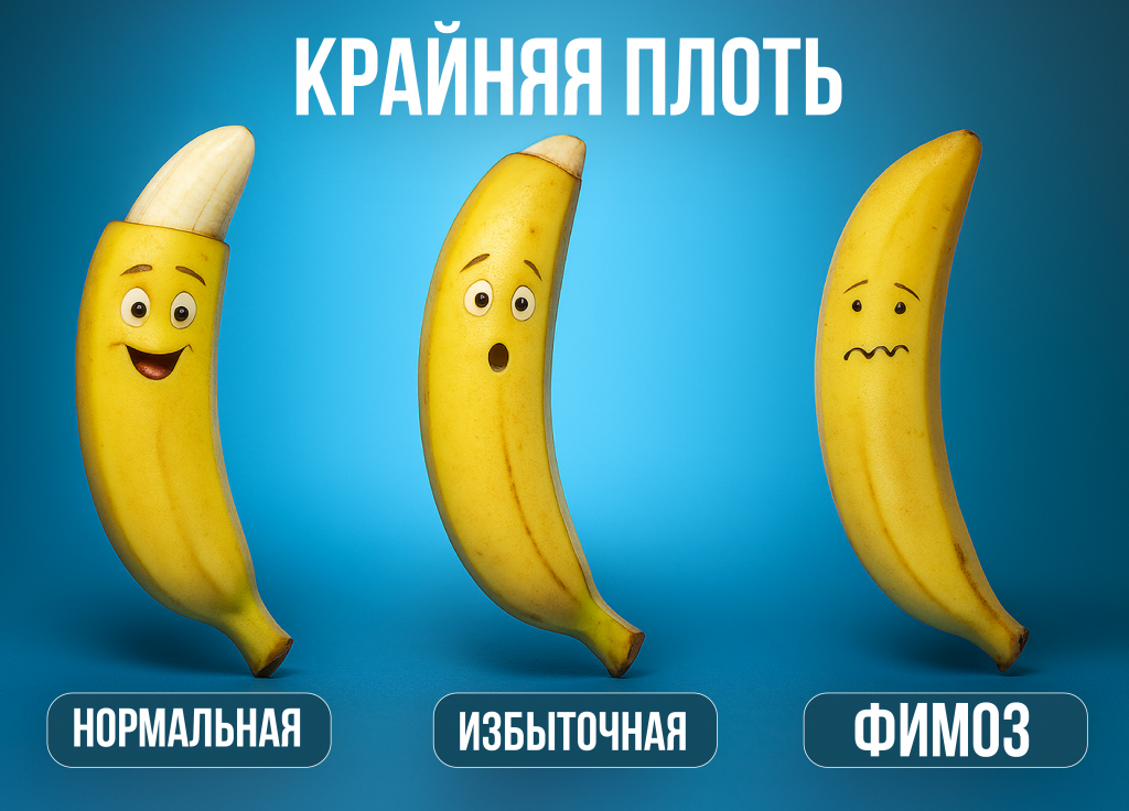 Рис. 1 — Стадии изменений крайней плоти: норма (слева), гипертрофированная (в центре), фимоз (справа)